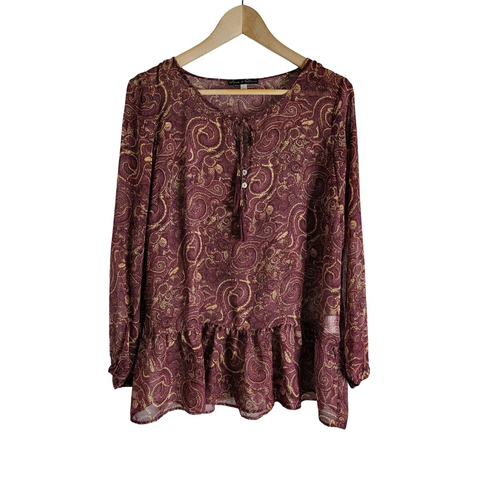 Rose & Olive Burgundy Gold Paisley Peplum Blouse Long Sleeve Tassel Tie Small